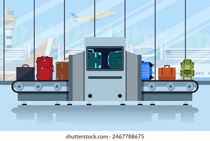 Airport conveyor belt with passenger luggage and police scanner. Terminal checkpoint vector concept. Airport baggage conveyor in terminal. vector illustration in flat design.