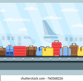 Airport conveyor belt with passenger luggage bags vector illustration. Airport baggage belt, luggage for travel, terminal conveyor