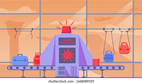 Airport conveyor belt with passenger suitcase.Baggage carousel and scan threat of coronavirus.Terminal hall.Transport safety airport luggage bag scanner control pad and screens disease.Vector flat.