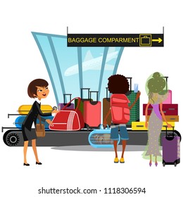 Airport conveyor belt with passengers take luggage bags vector illustration. Man and woman taking baggage and suitcase transportation in terminal after arrival, vacation traveling concept