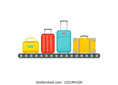 Airport conveyor belt with suitcases. Baggage reclaim area. Travel bags. Carousel with luggage of passengers. Flat vector design