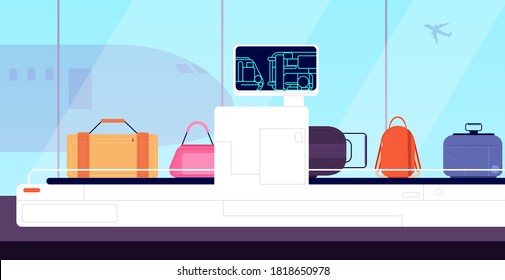 Airport conveyor. Cargo scanner, x ray scanning luggage bags inspection. Terminal security, baggage checking control vector illustration