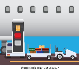 Airport Conveyor Truck Loading Bags To Airplane In Flat Illustration Vector