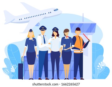 Airport crew standing together, professional airline team in uniform, vector illustration. Airplane pilot and flight attendant cartoon characters, captain and stewardess, airport service people