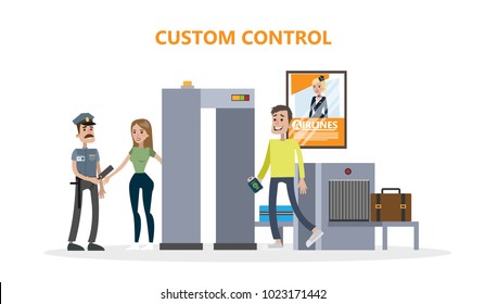Airport custom control. People checking luggage and passengers.