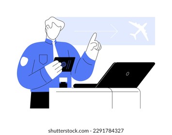 Airport customs abstract concept vector illustration. Airport worker with passport checks passenger identification, airway transportation, commercial transport, passport control abstract metaphor.