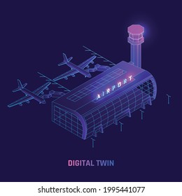 Airport daily operations aircrafts passengers flow maintenance digital twin 3d simulation technology glowing purple background vector illustration