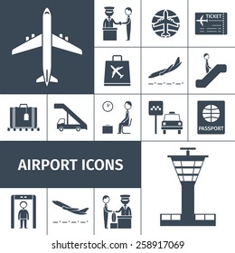 Airport decorative icons black set with lounge boarding custom and baggage check elements isolated vector illustration