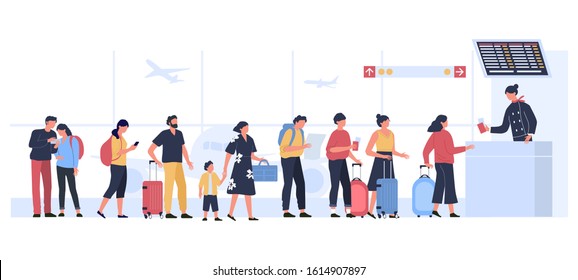 Airport departure area. Plane boarding flight register, tourists with luggage in landing queue check in. People waiting plane departure, travelers aircraft checking vector illustration