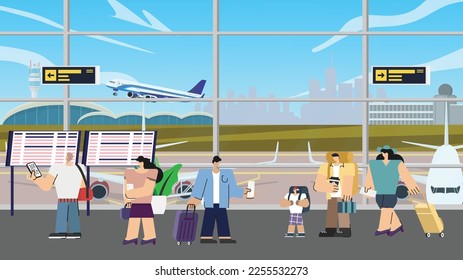 Airport departure area  tourists with luggage waiting relaxing in departure hall terminal for boarding plane departure, travelers aircraft