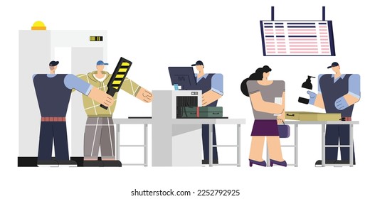 Airport departure area while tourists passenger with luggage in queue security check for boarding plane departure, security airport faa concept, travelers aircraft vector illustration