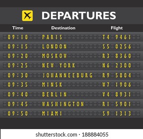 Airport departure arrival destination mechanical analog old style counter board template vector illustration