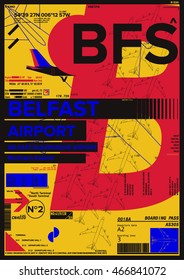 Airport Departure and Arrival sign at Belfast, Stock Vector Illustration: T-Shirt Design / Print Design