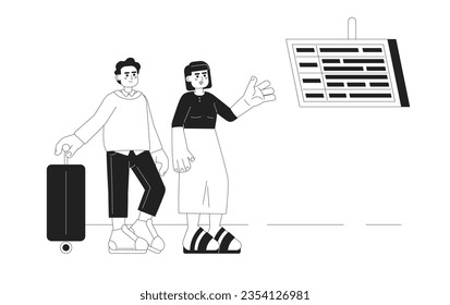 Airport-Abflugboard monochrome Konzept Vektorgrafik. Touristen überprüfen Flugzeug Abflug 2D flach bw Cartoon Zeichen auf weiß für Web UI-Design. Einzeln bearbeitbares, handgezeichnetes Heldenbild