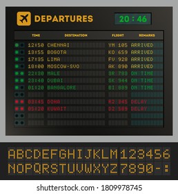 Airport departure board. Travel schedule, destination, departure time, letter alphabet and numbers set. Airport flight information timetable digital display vector illustration