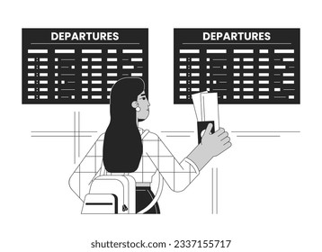 Airport departure bw vector spot illustration. Travelling airport student female 2D cartoon flat line monochromatic character for web UI design. Girl with tickets editable isolated outline hero image