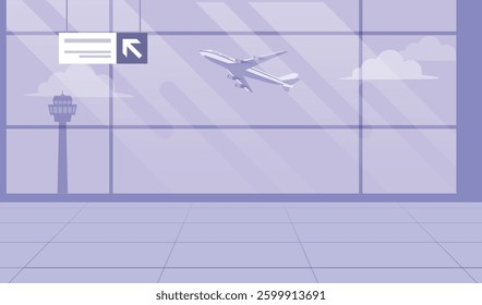 Airport departure gate . Airport departure lounge with a large window showing a plane taking off, a control tower.  The gate sign is visible. stock illustration