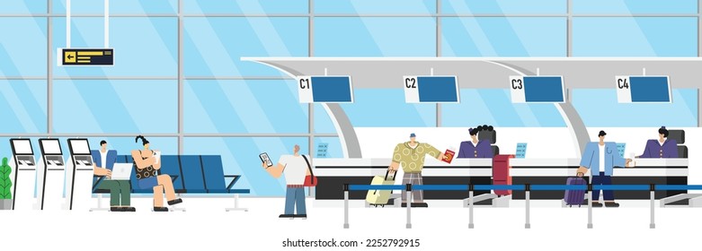 Airport departure hall with passenger check in flight register with luggage in queue check in counter for boarding plane departure, travelers aircraft vector illustration