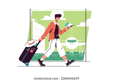 Airport departure vector illustration. Man hurry on airplane holding bag and book in hands.