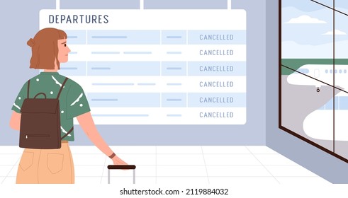 Airport departures board with all plane flights cancelled. Unlucky passenger looking at airplanes schedule. Tourist and display with bad time table. Timetable at terminal. Flat vector illustration