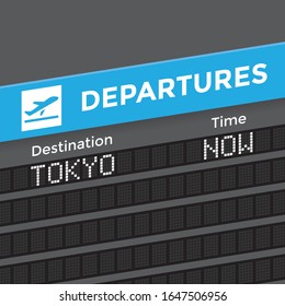 Airport departures board. Destination - Tokyo. Time - now. Background illustration for Tokyo Summer Olimpics games 2020 sport concept