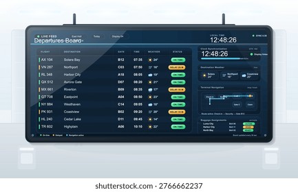Airport departures board interface with flight status, weather widgets, clock sync and terminal navigation dashboard