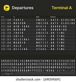 Airport departures board with useful characters