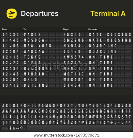 Airport departures board with useful characters
