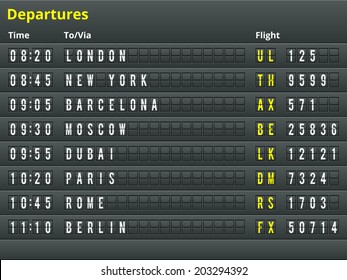 Airport departures table. Vector Illustration for alphabet with letters and numbers.