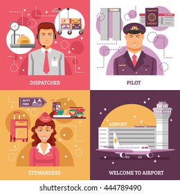 Airport Design Concept Four Square Icons With Descriptions Of Dispatcher Pilot Stewardess Work Vector Illustration