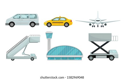 Airport Design Elements Set, Different Transport Types, Service Facilities, Gangway, Terminal Building Vector Illustration