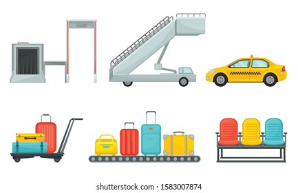 Airport Design Elements Set, Different Transport Types, Service Facilities, Conveyor Baggage Belt, Row Seats Security Checkpoint Vector Illustration