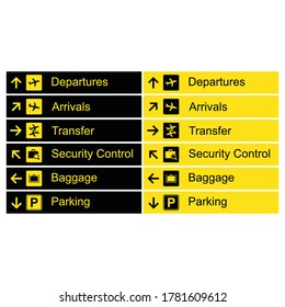 Airport Direction Signs. Contains Such Icons as Departures, Arrivals, Transfer, Security Control, Baggage, and Parking.