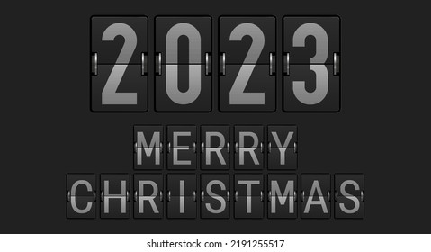 Airport display font. Merry Christmas and happy New Year 2023 background. Christmas greeting card template. 3D vector illustration.