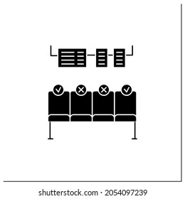 Airport distancing glyph icon.Sitting area or train station waiting room.Concept of corona virus pandemic safety regulations and safe traveling.Filled flat sign.Isolated silhouette vector illustration