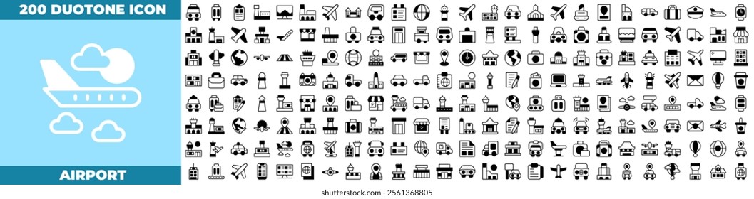 Airport Duotone Editable Icons set. Vector illustration in modern thin duotone style of airport icons: airport, travel, flight, etc