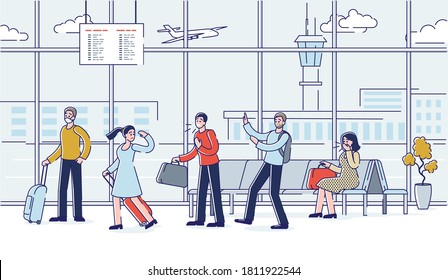 Airport during covid-19 epidemic with people coughing and wearing mask. Epidemic prevention measures and travel with coronavirus concept. Cartoon linear vector illustration