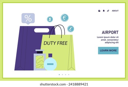 Airport. Duty-free shopping web or landing. Airport exclusive deals on luxury items. Tax-free retail shop. Travel and tourism. Flat vector illustration