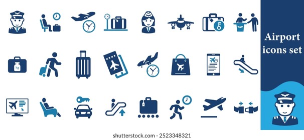  Airport editable icons set. Airport, ticket, passenger, boarding pass, immigration, pilot, passport, luggage departure and seat. Vector illustration