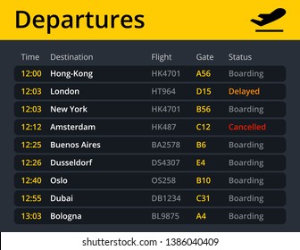 Airport electronic board schedule departures, showing flights, time, destination, gate and status in real time. Vector quality illustration.