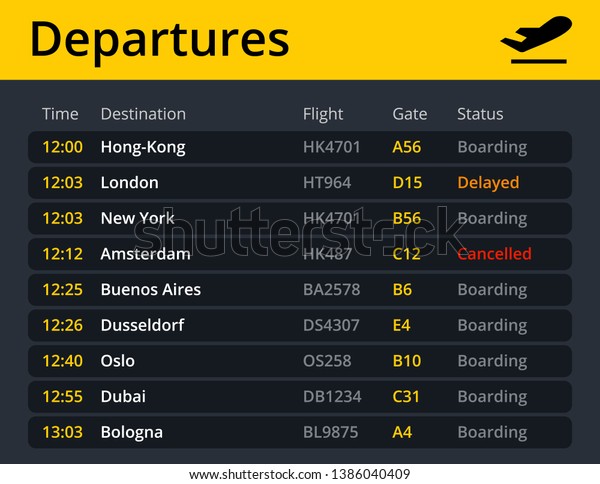 Airport electronic board schedule\
departures, showing flights, time, destination, gate and status in\
real time. Vector quality\
illustration.