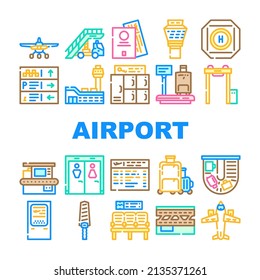 Airport Electronic Equipment Icons Set Vector. X-ray Security Technology For Scanning Traveler Baggage And Arch Metal Detector, Scales And Ladder, Terminal And Waiting Hall Color Illustrations