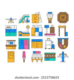 Airport Electronic Equipment Icons Set Vector. X-ray Security Technology For Scanning Traveler Baggage And Arch Metal Detector, Scales And Ladder, Terminal And Waiting Hall color Contour Illustrations