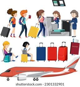 Airport element and people vector set illustration