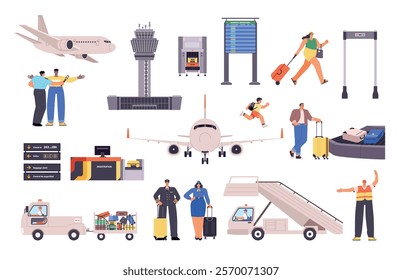 Airport elements. Cartoon terminal equipment, passengers with luggage, plane and ramp, flight attendant and pilot in uniform, vector set