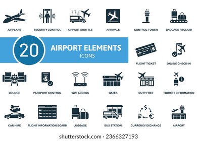 Airport elements set. Creative icons: airplane, security control, airport shuttle, arrivals, control tower, baggage reclaim, flight ticket, online check-in, lounge, passport control, wifi access