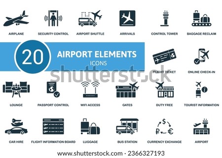Airport elements set. Creative icons: airplane, security control, airport shuttle, arrivals, control tower, baggage reclaim, flight ticket, online check-in, lounge, passport control, wifi access