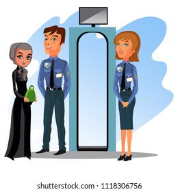 Airport employee man checks boarding documents- passports, tickets from people passing gate, Asian woman travels by airplane, passenger boarding vector illustration