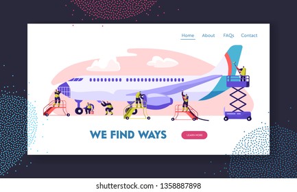 Airport Employee Servicing Plane Landing Page. Man on Stair Washing Plane. People in Uniform Clean and Wash Airplane. Cleaning Service Website or Web Page. Flat Cartoon Vector Illustration