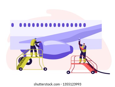 Airport Employee Servicing Plane. Man in Team Uniform in Ladder Checking Fly Wing of Aircraft. People Cleaning and Wipe in Stair with Equipment. Horizontal Flat Cartoon Vector Illustration